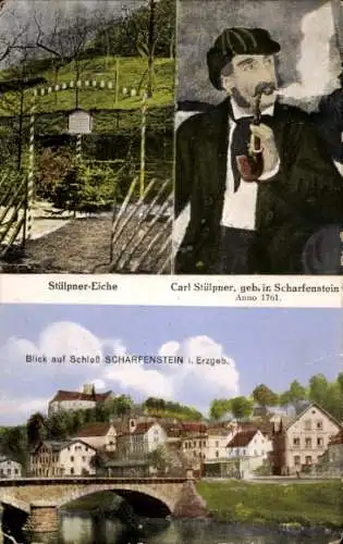 Ak Scharfenstein Drebach im Erzgebirge Sachsen,  Schloss, Stülpner-Eiche, Carl Stülpner