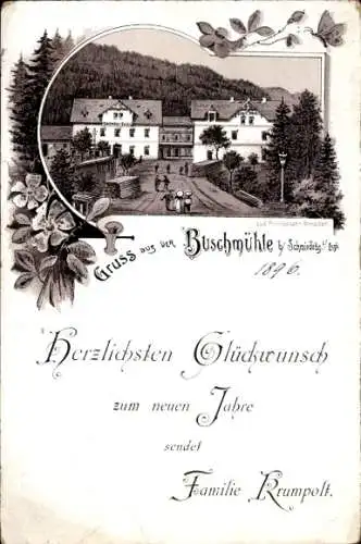 Litho Buschmühle Schmiedeberg Dippoldiswalde im Osterzgebirge, Gasthof, Neujahrsglückwunsch