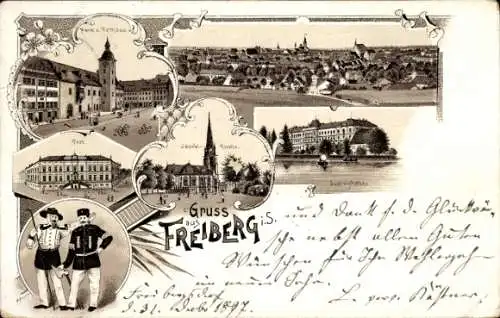 Litho Freiberg in Sachsen, Jacobikirche, Post, Rathaus, Totale