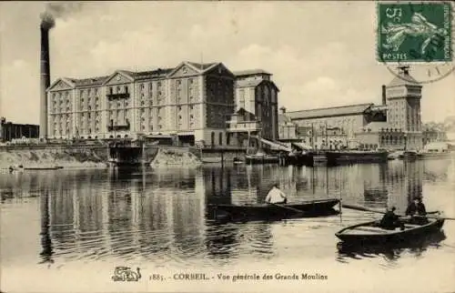 Ak Corbeil Essonne, Industriegebäude, Wasseransicht, Boote, Rauch über Fabrik