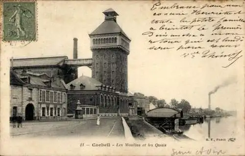 Ak Corbeil Essonne, Historischer Wasserbau, Mühlen, Quai, Postkarte aus Paris