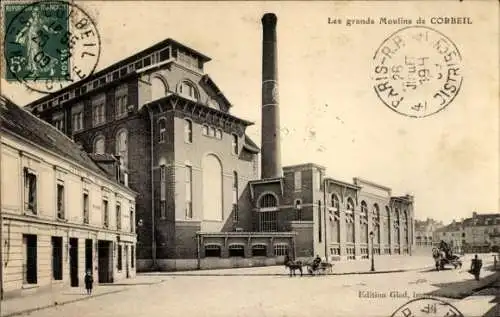 Ak Corbeil Essonne, Grands Moulins de  historische Mühle, Industriegebäude, Pferd mit Wagen, P...