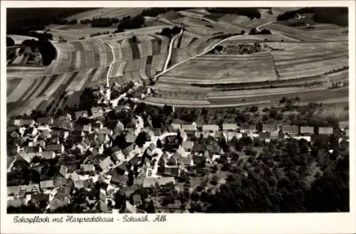 Ak Schopfloch Lenningen Schwäbische Alb Württemberg, Harprechthaus, Fliegeraufnahme