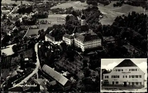 Ak Erling Andechs in Oberbayern, Fliegeraufnahme, Gasthaus zur Post