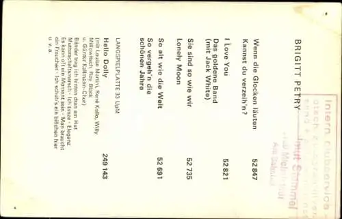 Ak Sängerin Brigitt Petry, So alt wie die Welt, Autogramm