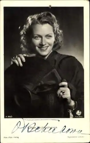 Ak Schauspielerin Olga Tschechowa, Terra Film, Portrait mit Hut in der Hand, Autogramm
