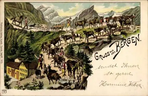 Litho Schweiz, Gruß aus dem Bergen, Almabtrieb