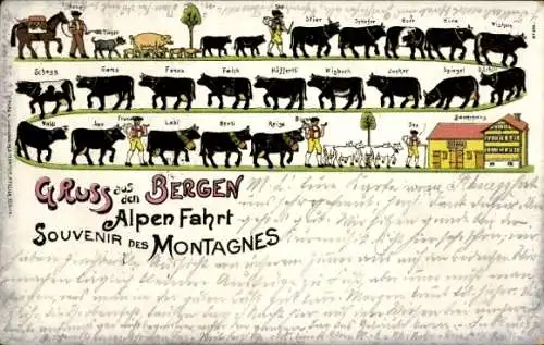 Litho Gruß aus den Bergen, Alpenfahrt, Rinder, Bauernhaus