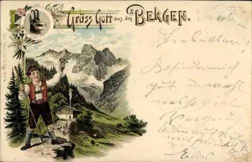 Litho Grüß Gott aus den Bergen, Wanderer in Tracht