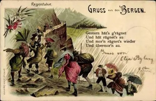 Litho Gruß aus den Bergen, Regenfahrt, Wanderer