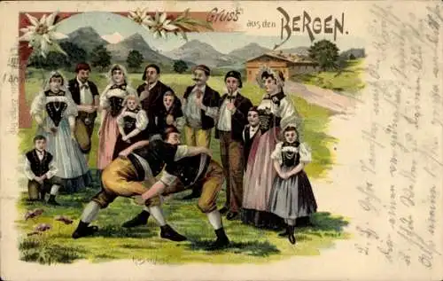 Litho Gruß aus den Bergen, Hosenhupf, Ringen, Schweizerische Tracht