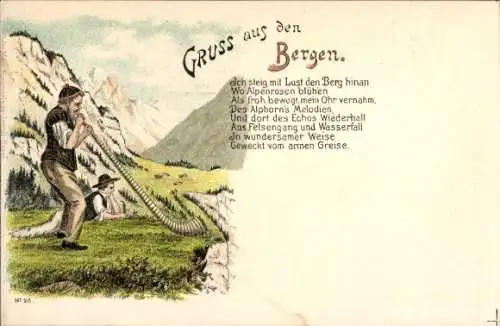 Litho Gruß aus den Bergen, Männer in Schweizer Tracht, Alphorn, Gedicht