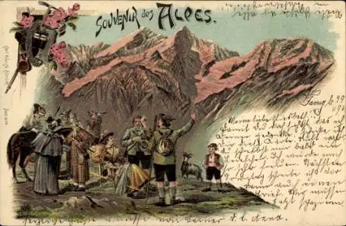 Litho Schweiz, In den Alpen, Wandergruppe