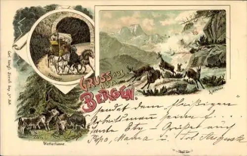 Litho Schweiz, Gruß aus den Bergen, Bergpost, Wettertanne, Lawine