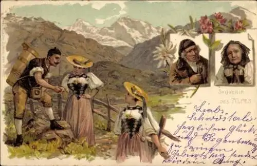 Litho Schweiz, in den Alpen, Bauern in Tracht