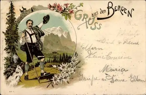 Litho Schweiz, Gruß aus den Bergen, Wanderer in Tracht, Edelweiss