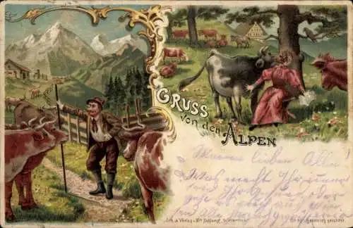 Litho Schweiz, Gruß von den Alpen, Wanderer, Kühe, Frau