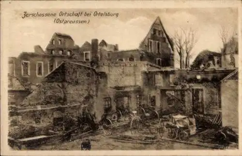 Ak Szczytno Ortelsburg Ostpreußen, Zerschossene Ortschaft, Kriegszerstörung I. WK