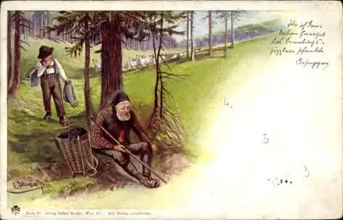 Künstler Ak Döcker, E., HIrtenjunge, Schafherde, Alter Mann mit Kiepe, Vers, Rosegger