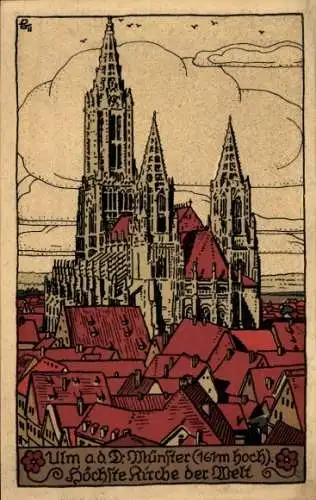 Steindruck Ak Ulm an der Donau, Münster, Stadt
