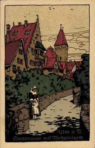 Steindruck Ak Ulm an der Donau, Stadtmauer mit Metzgerturm