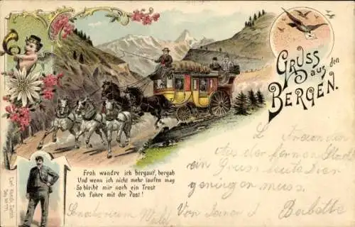 Litho Schweiz, Gruß aus den Bergen, Kutsche, Pferde, Engel, Posthorn, Edelweiß