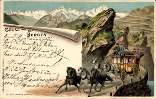 Litho Schweiz, Gruß aus den Bergen, Postkutsche