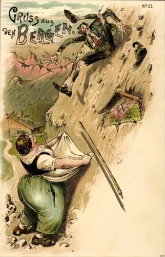 Litho Frau in Tracht will abstürzenden Bergsteiger auffangen, Gruß aus den Bergen