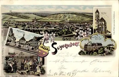 Litho Schorndorf in Württemberg, Panorama, Kirche, Marktplatz, Bahnhof, Post