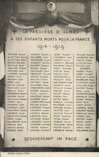 Ak Illiers Eure et Loir, La paroisse d`Illiers, A ses enfants morts pour la France 1914-1919