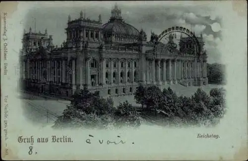 Mondschein Ak Berlin Mitte, Reichstagsgebäude bei Nacht