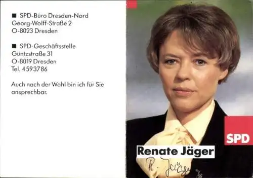 Ak Renate Jäger, SPD, Autogramm