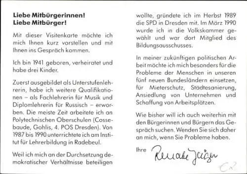Ak Renate Jäger, SPD, Autogramm