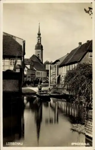 Ak Lübbenau im Spreewald, Teilansicht, Kahn, Kirche