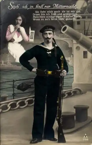 Ak Deutscher Marinesoldat in Uniform, Soldatenliebe, Steh ich in finsterer Mitternacht