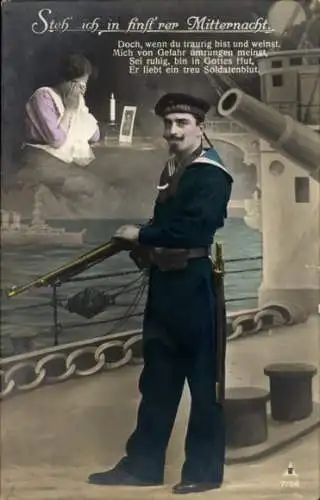 Ak Deutscher Marinesoldat in Uniform, Soldatenliebe, Steh ich in finsterer Mitternacht