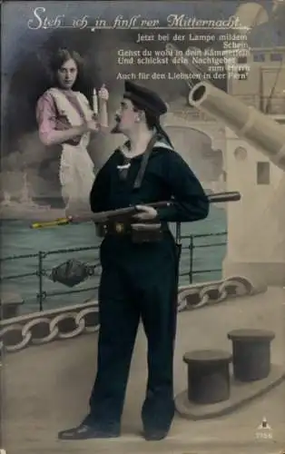 Ak Deutscher Marinesoldat in Uniform, Soldatenliebe, Steh ich in finsterer Mitternacht