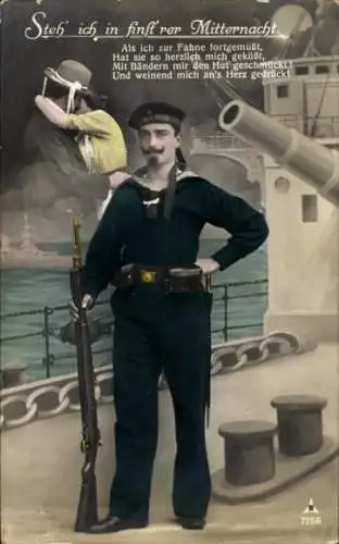 Ak Deutscher Marinesoldat in Uniform, Soldatenliebe, Steh ich in finsterer Mitternacht
