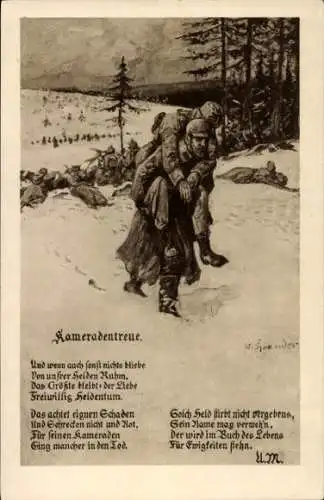 Künstler Ak Kameradentreue, Soldat trägt seinen verwundeten Kameraden, I. WK