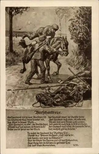Künstler Ak Burschentreue, Soldaten, Verwundetes Pferd, I. WK