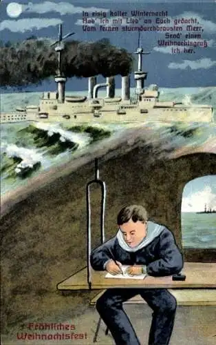 Künstler Ak Glückwunsch Weihnachten, Deutscher Seemann schreibt Brief, Kriegsweihnacht, Kriegsschiff