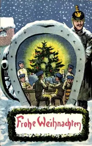 Ak Glückwunsch Weihnachten, Soldaten am Tannenbaum, Hufeisen