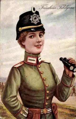 Künstler Ak Fräulein Feldgrau, Frau in Uniform, Feldstecher, Helm