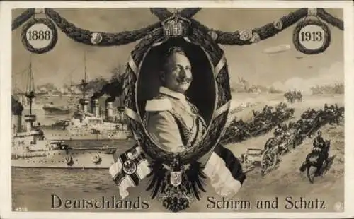 Passepartout Ak Kaiser Wilhelm II., Zeppelin, Deutsches Kriegsschiff, Deutschlands Schirm und Schutz