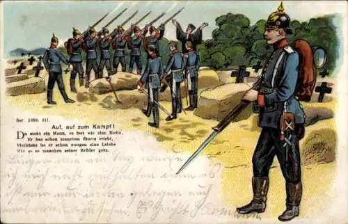 Litho Auf, auf zum Kampf, Da steht ein Mann, so fest wie eine Eiche, Soldatenbegräbnis, Kameraden