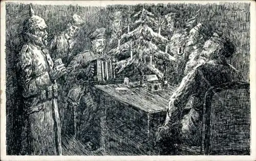Künstler Ak Weihnachten im Unterstand, Weihnachten 1917, Soldaten, 1. WK
