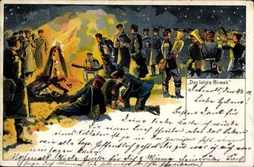 Litho Das letzte Biwak, Soldaten am Lagerfeuer, Musikkapelle