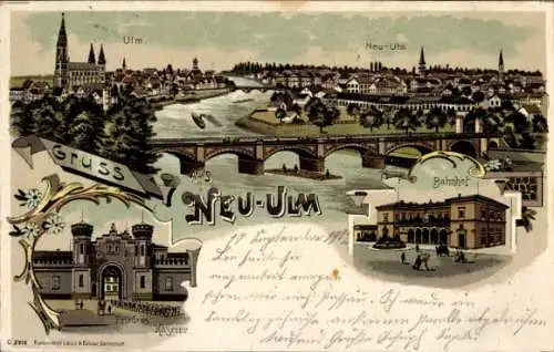 Litho Neu Ulm an der Donau Bayern, Bahnhof, Friedenskaserne