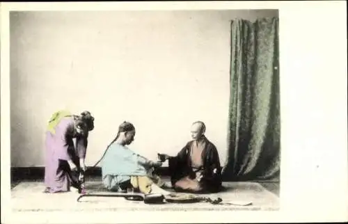 Ak Hong Kong China, drei Chinesen, Teezeit