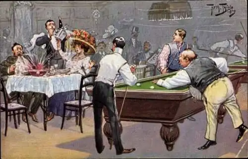 Künstler Ak Thiele, Arthur, Billard, Kugel in Suppe